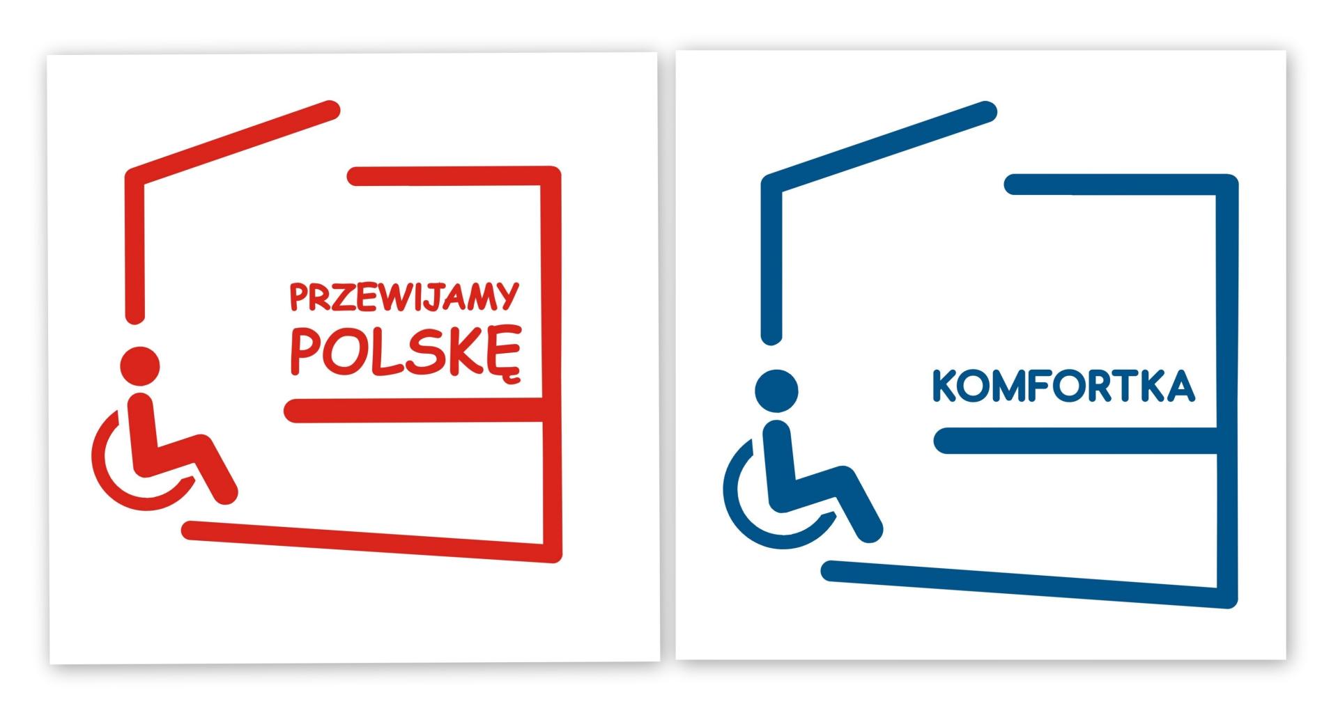 Na białym tle jest kontur Polski a w nim sylwetka osoby na wózku na wprost kreski symbolizującej leżankę, nad którą jest napis KOMFORTKA